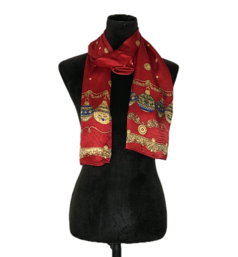 VTG Echo Red Silk Scarf Christmas Ornament Print Oblong 11x57 Holiday Retro